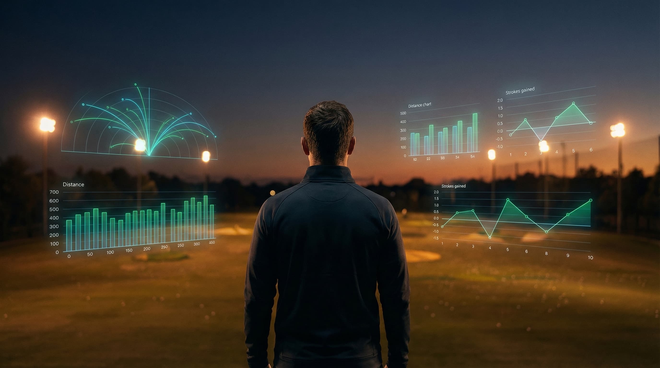 Golfer at twilight range with holographic data overlays